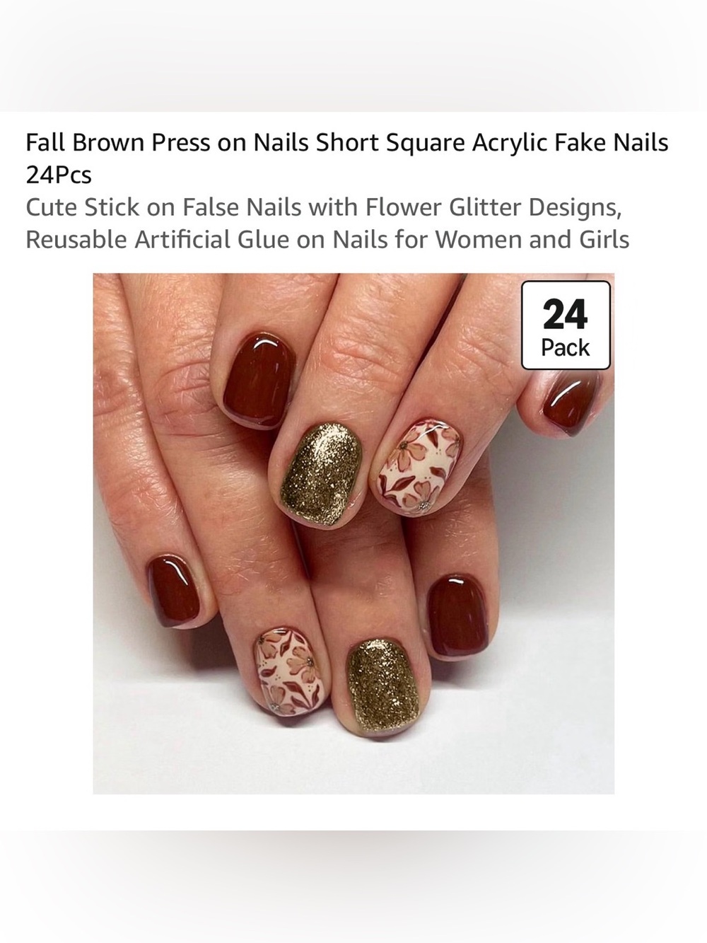 Colorful& Gold glitter design Floral Press-On Nails 24 pcs new